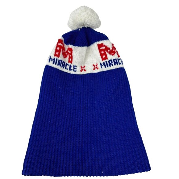 Vintage Knit Beanie Pom Pom Miracle Red White Blue Hat Letter M Winter - Picture 4 of 8